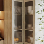 70.9" H L-Shaped Kitchen Pantry with Glass Doors, Modern Corner 4-Tiered Cupboard with Gold Handles & Wood Grain, Tall Display Storage Cabinet with Shelves for Living Dining Room, Natural