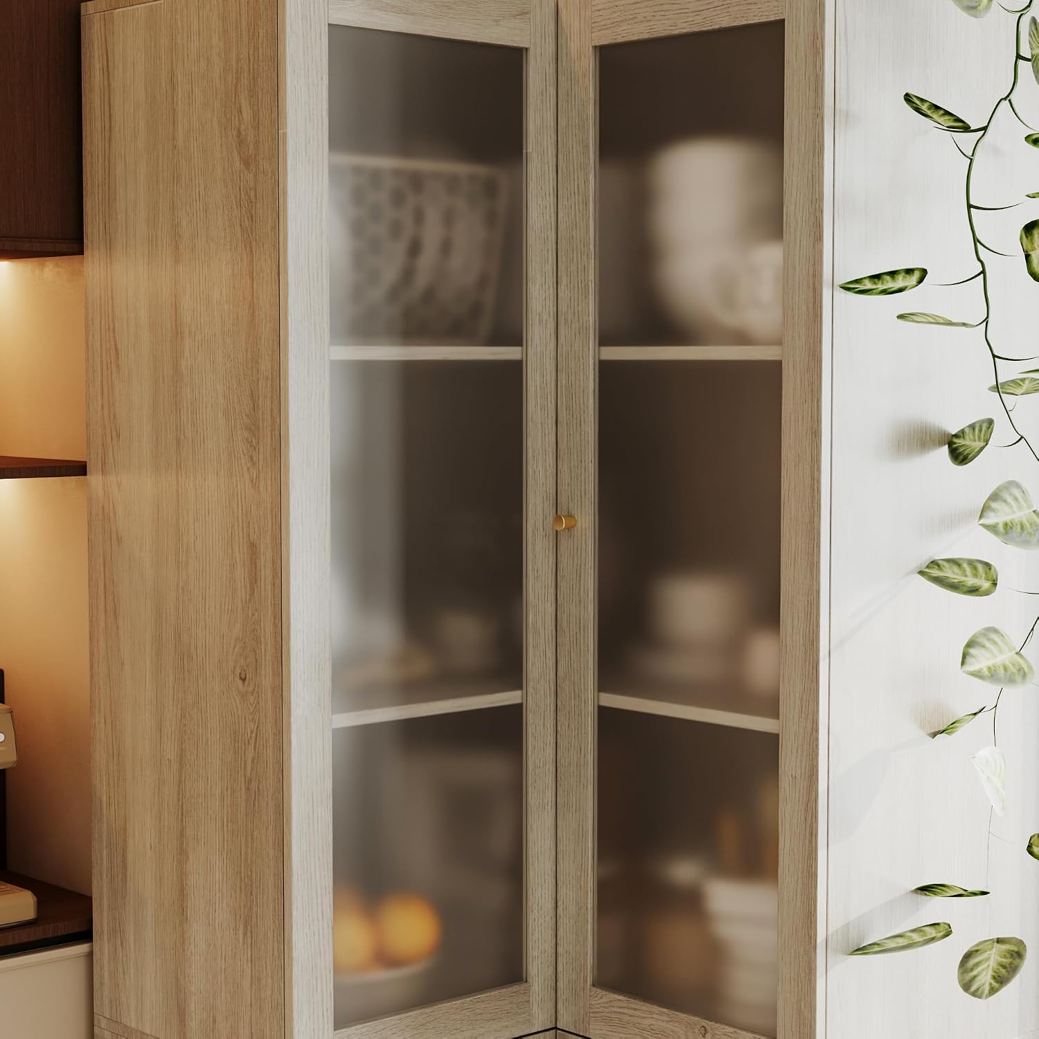 70.9" H L-Shaped Kitchen Pantry with Glass Doors, Modern Corner 4-Tiered Cupboard with Gold Handles & Wood Grain, Tall Display Storage Cabinet with Shelves for Living Dining Room, Natural