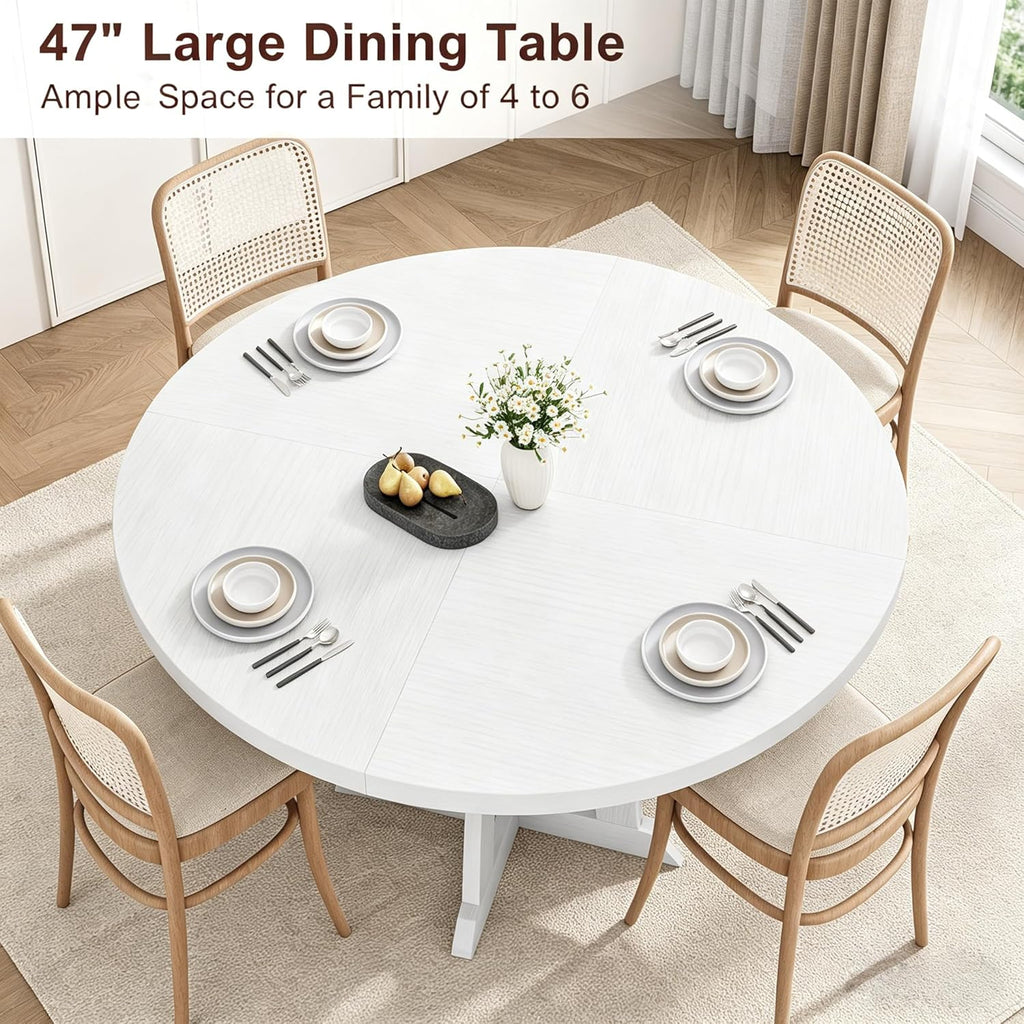 GarveeHome Round Dining Table for 4, 47 Inches Dining Room Table with Wooden Base, Kitchen Table with Circle Tabletop, Dinner Table for Dining Room, Kitchen, Living Room, White