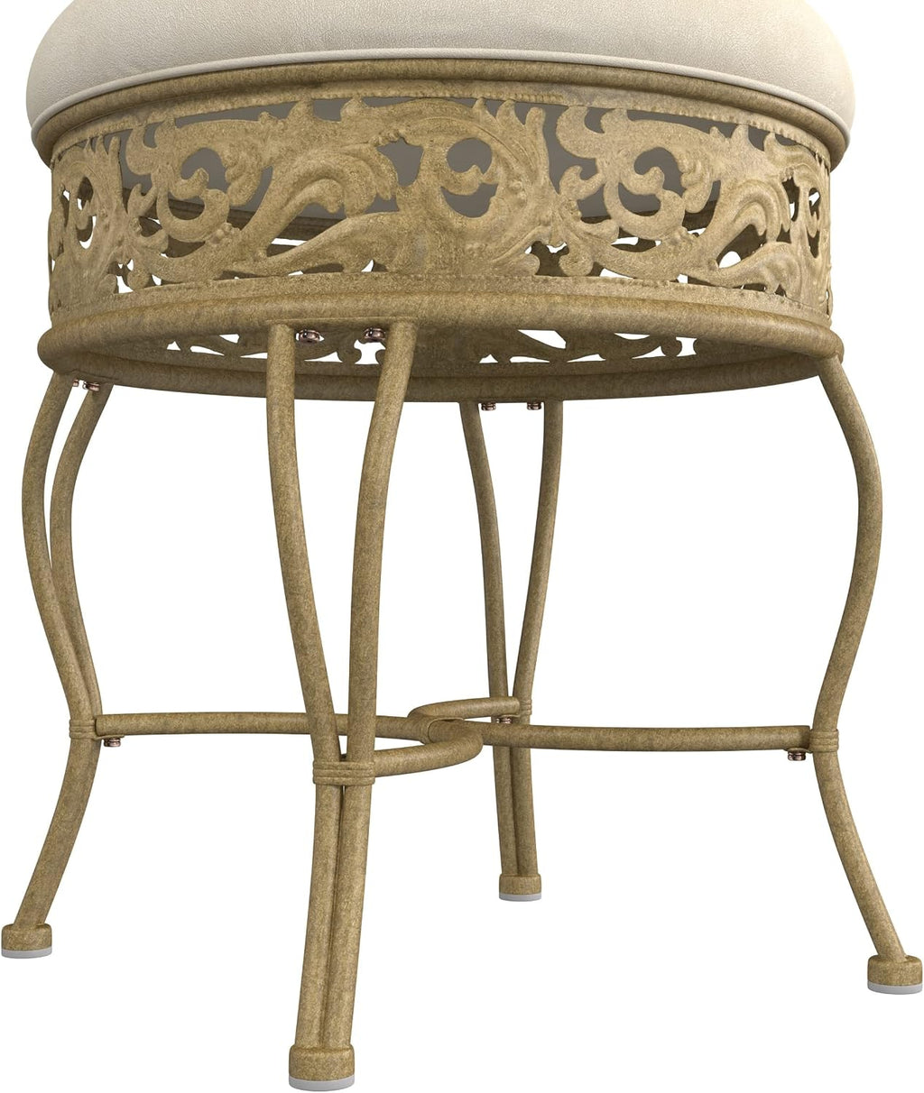 Hillsdale Villa III Backless Metal Vanity Stool with Ornate Lattice Detailing, Antique Beige