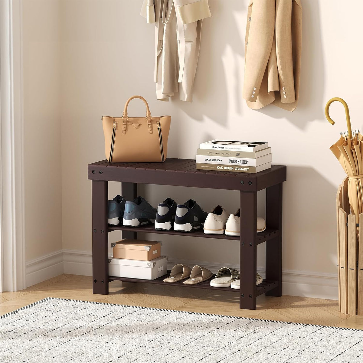 NEWBULIG Shoe Rack Bench, 3-Tier Bamboo Shoe Organizer, Wooden Entryway Storage Bench, 286 lb Load Capacity, 11.2x27.6x17.9 Inches, for Entryway Bathroom Bedroom Balcony, Brown