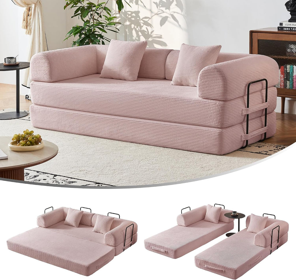 79" Convertible Sofa Bed, Couches for Living Room | Pink | Corduroy Futon Sofa Bed with Pocket Springs, Modular Sleeper Couch in a Box, No Assembly