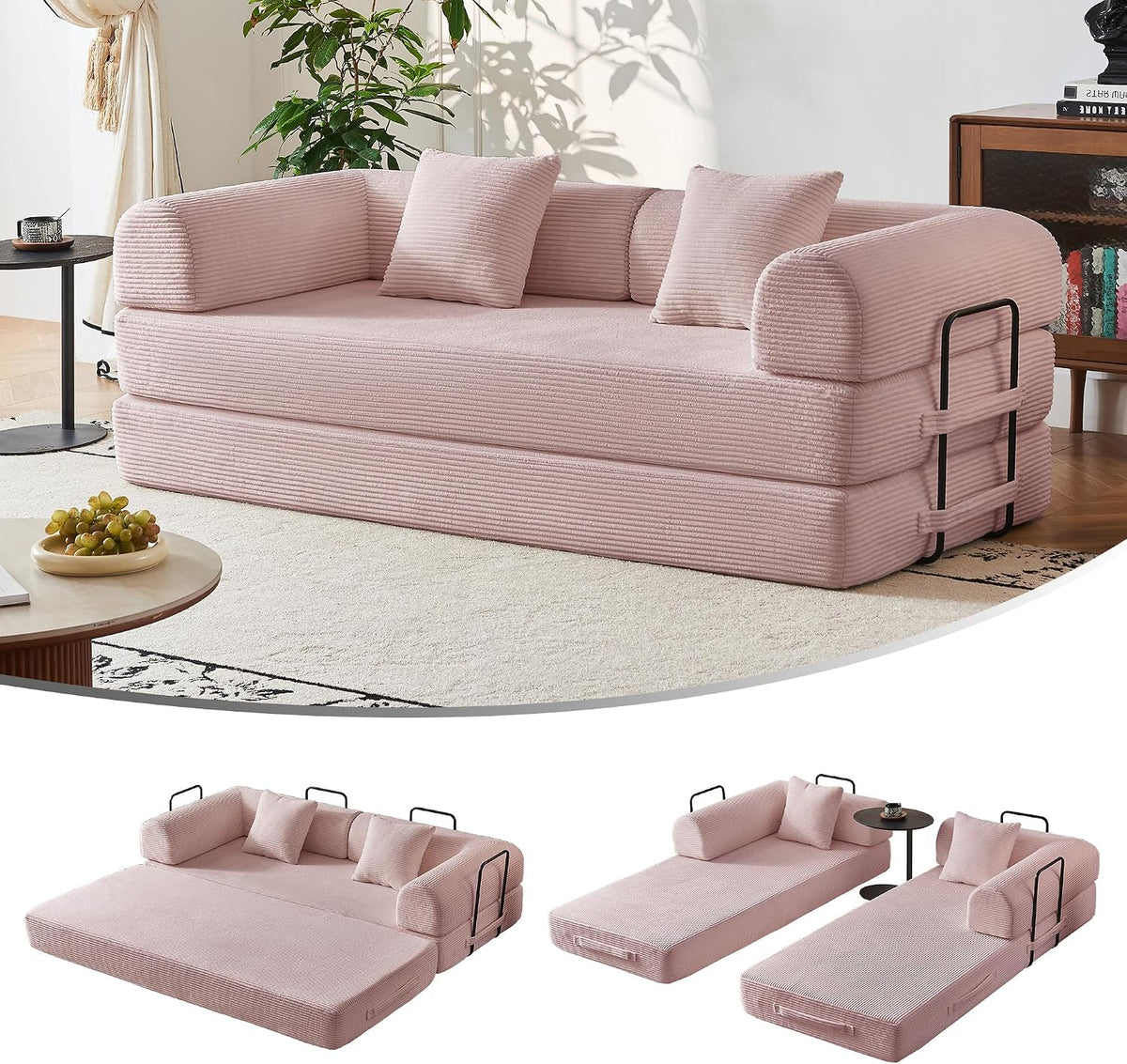79" Convertible Sofa Bed, Couches for Living Room | Pink | Corduroy Futon Sofa Bed with Pocket Springs, Modular Sleeper Couch in a Box, No Assembly