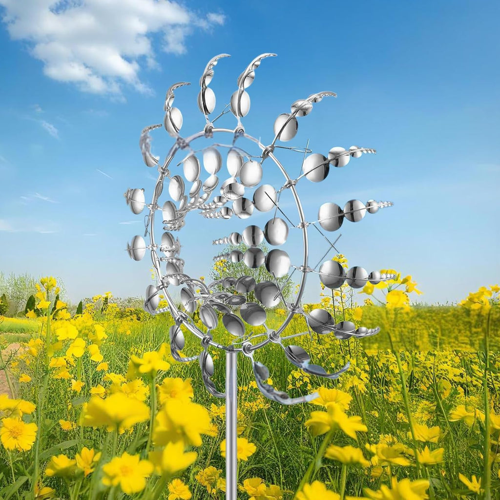 Windmill for Yard and Garden,Wind Spinner,Magical Metal Windmill, 3D Wind Powered Kinetic Sculpture, Dual-Tiered Opposite-Directional Rotation, Stainless Steel Wind Spinners (Silver)