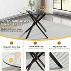 36" Round Glass Dining Table for 4, Circle Kitchen Table with Tempered Glass Top and Black Metal Cross Legs, Modern Small Glass Coffee Dinner Table for Kitchen Dining Room Apartment Office