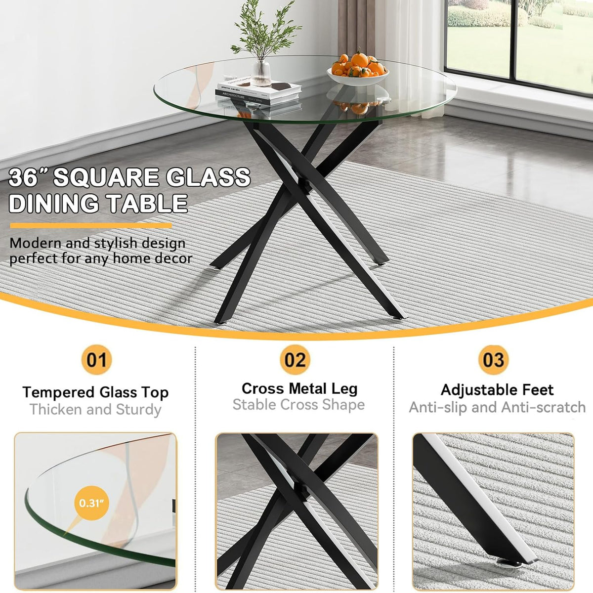 36" Round Glass Dining Table for 4, Circle Kitchen Table with Tempered Glass Top and Black Metal Cross Legs, Modern Small Glass Coffee Dinner Table for Kitchen Dining Room Apartment Office