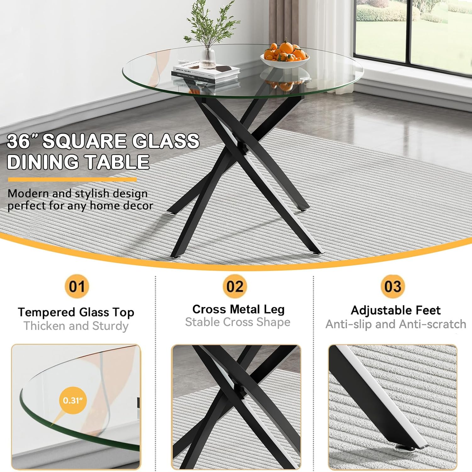 Small Round Dining Table Set for 4, Modern Glass Kitchen Table Chairs Set of 4, 5-Piece Dining Table Set w/36 Circle Black Glass Dining Room Table and 4 Grey Upholstered Dining Chairs