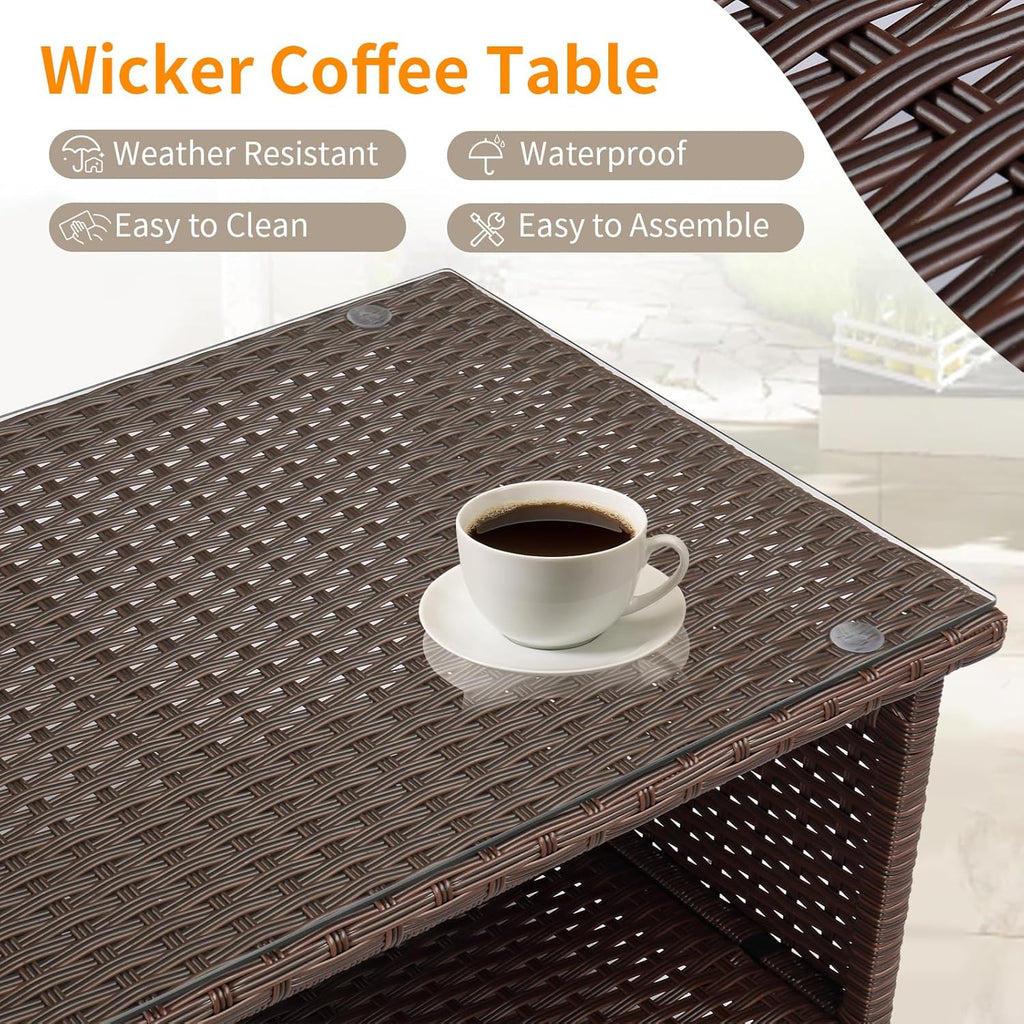 VINGLI Outdoor Wicker CoffeeTable Patio Coffee Tables for Outside, Tempered Glass Top Wicker Table with Storage Coffee Table for Patio Balcony Porch Deck (Brown)
