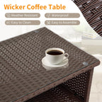 VINGLI Outdoor Wicker CoffeeTable Patio Coffee Tables for Outside, Tempered Glass Top Wicker Table with Storage Coffee Table for Patio Balcony Porch Deck (Brown)