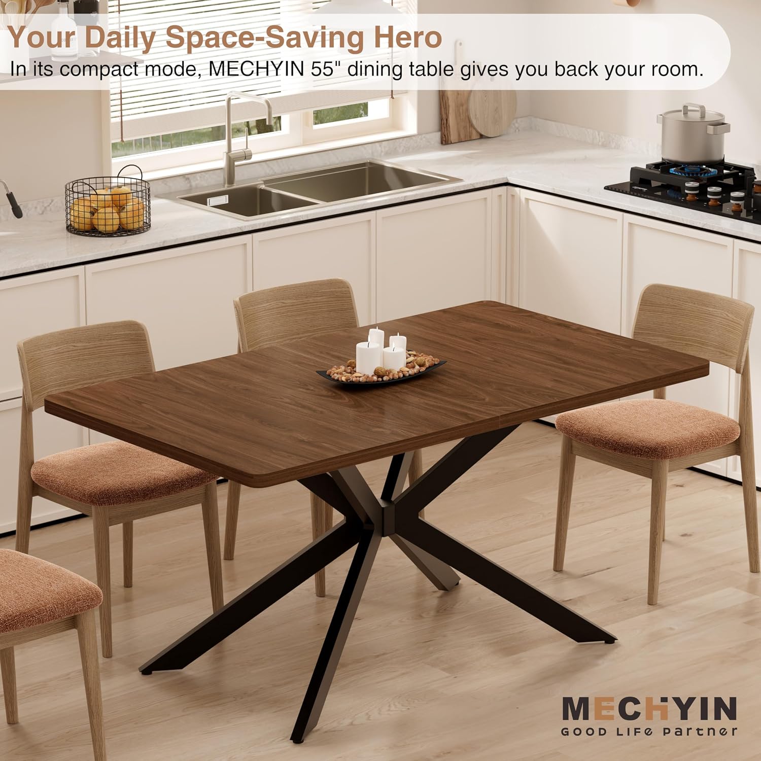 Extendable Dining Room Table for 4 6 8, 55"-70.9" Long Rectangle Kitchen Table,Wood Expandable Dining Table with Butterfly Leaf Self-Storing, Space Saving, For Kitchen Dining Living Room,Modern,Walnut | Simply Flip Leaf Expandable Rectangle Dining
