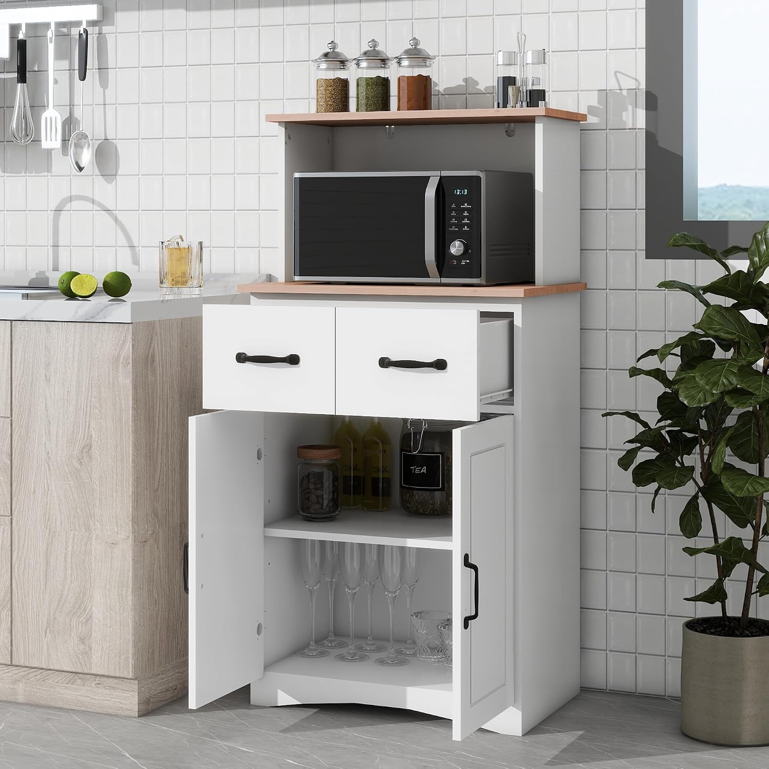 Modern White Wooden Kitchen Pantry Cabinet with Microwave Stand, Storage Drawer & Adjustable Shelf – Space-Saving Organizer for Small Kitchens