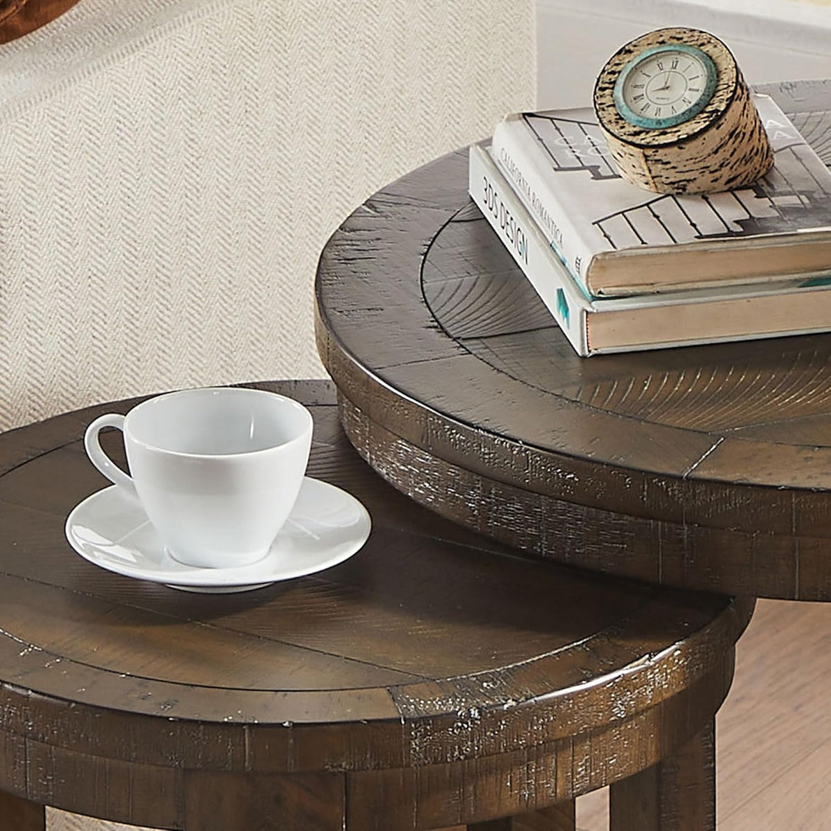 WILLIAMSPACE 24" Round Nesting Coffee Table Set of 2, Solid Wood Coffee Tables Mid Century Rustic Farmhouse Side End Tea Table for Living Room, Apartment (Drak Brown)