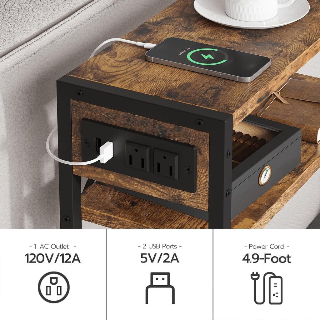 Leomonio Narrow Side Table, Slim End Tables with Fabric Basket, Skinny Table for Small Spaces, Thin Bedside Table for Living Room, Bedroom (1, Rustic Brown - Outlet)