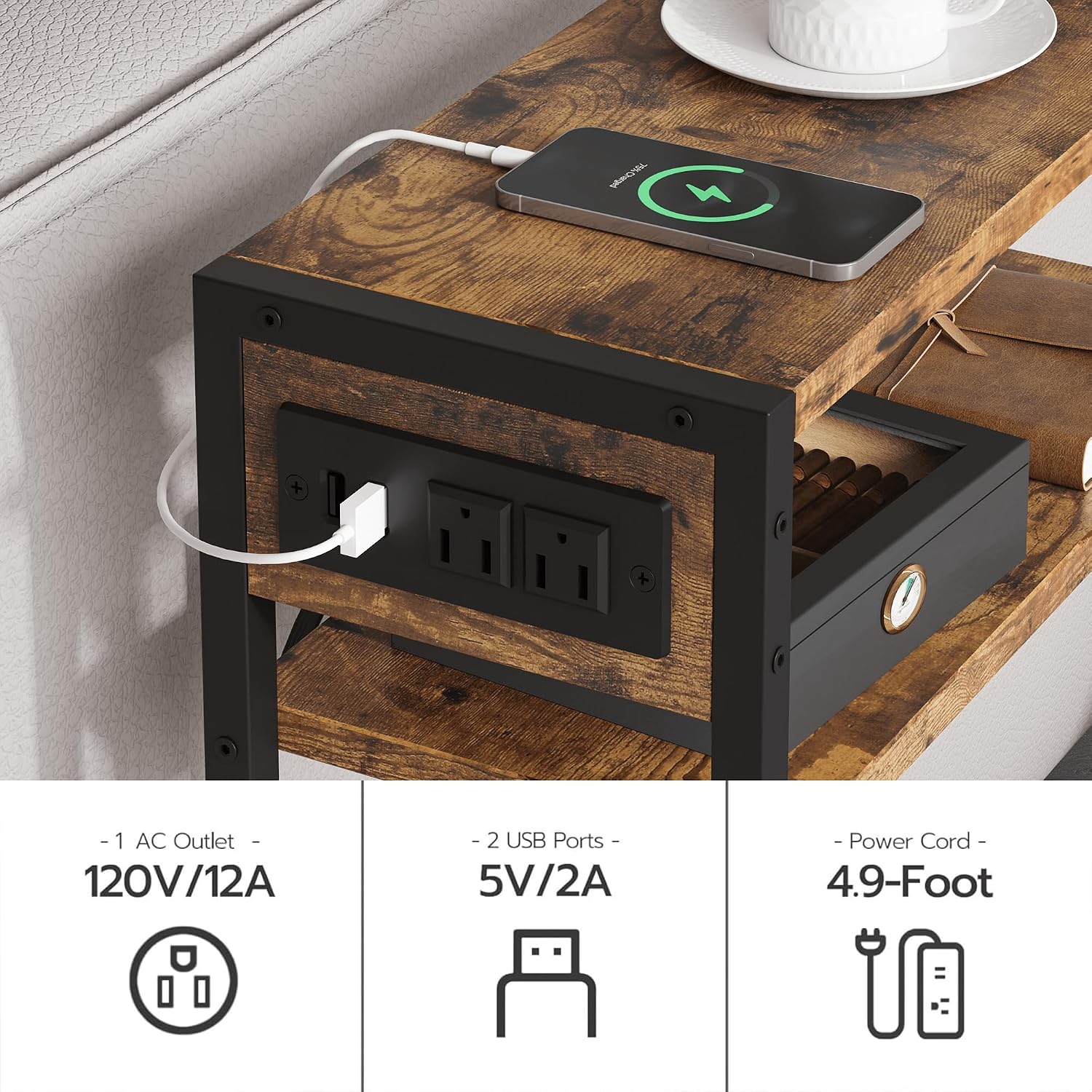 Leomonio Narrow Side Table, Slim End Tables with Fabric Basket, Skinny Table for Small Spaces, Thin Bedside Table for Living Room, Bedroom (1, Rustic Brown - Outlet)