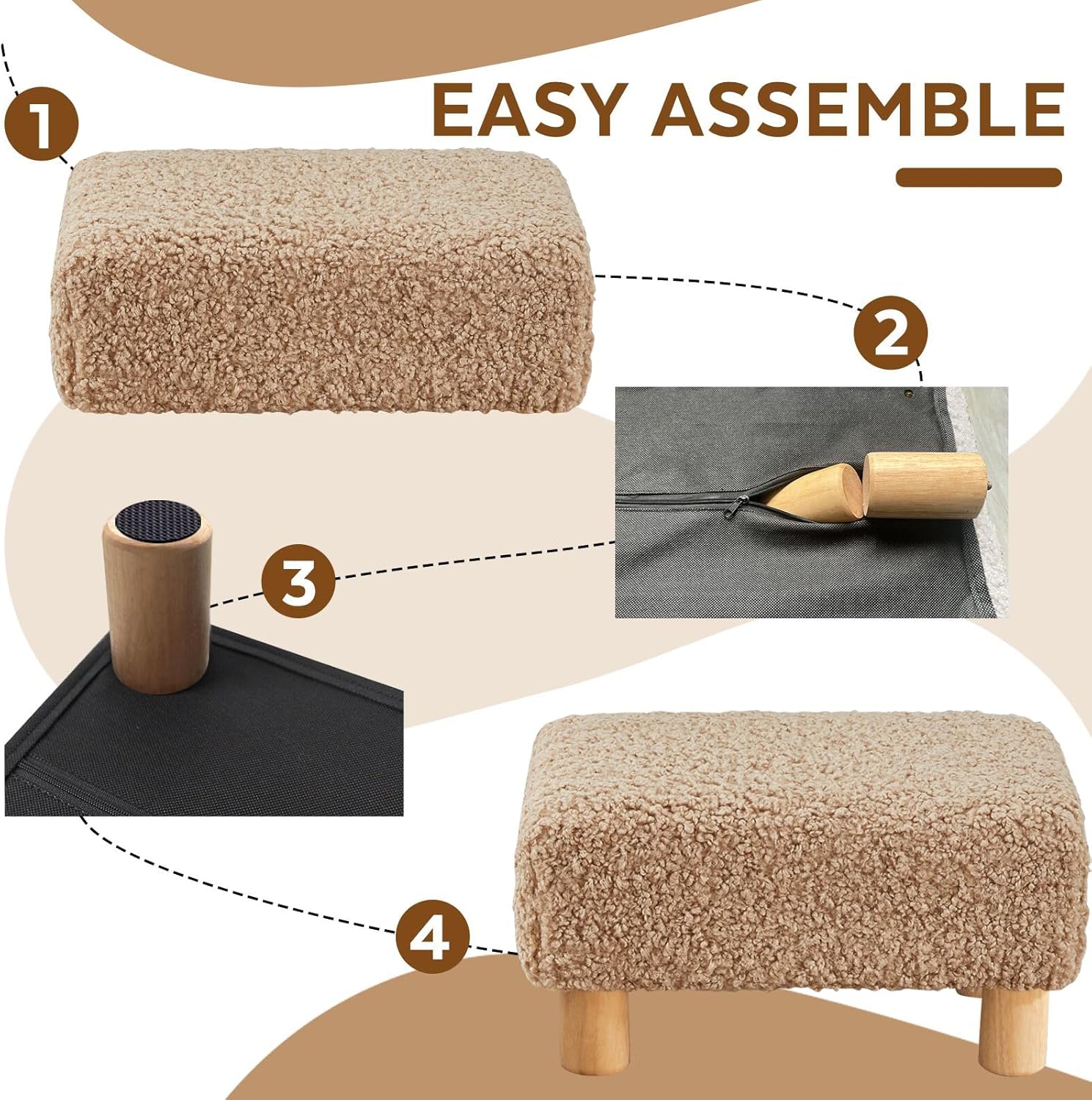 Small Foot Stool Ottoman, Sherpa Footstool Ottoman Foot Rest for Couch, Rectangle Footstools and Ottomans Small for Living Room, Entryway and Bedroom (Light Brown)
