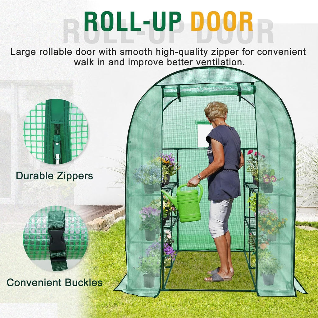 EAGLE PEAK 3-Tier Walk in Portable Greenhouse with 8 Wire Shelves, Indoor and Outdoor Garden House with Roll Up Zipper Door and Windows, Easy Set Up, 56.3"x56.3"x76.8", Clear/Green PE Cover