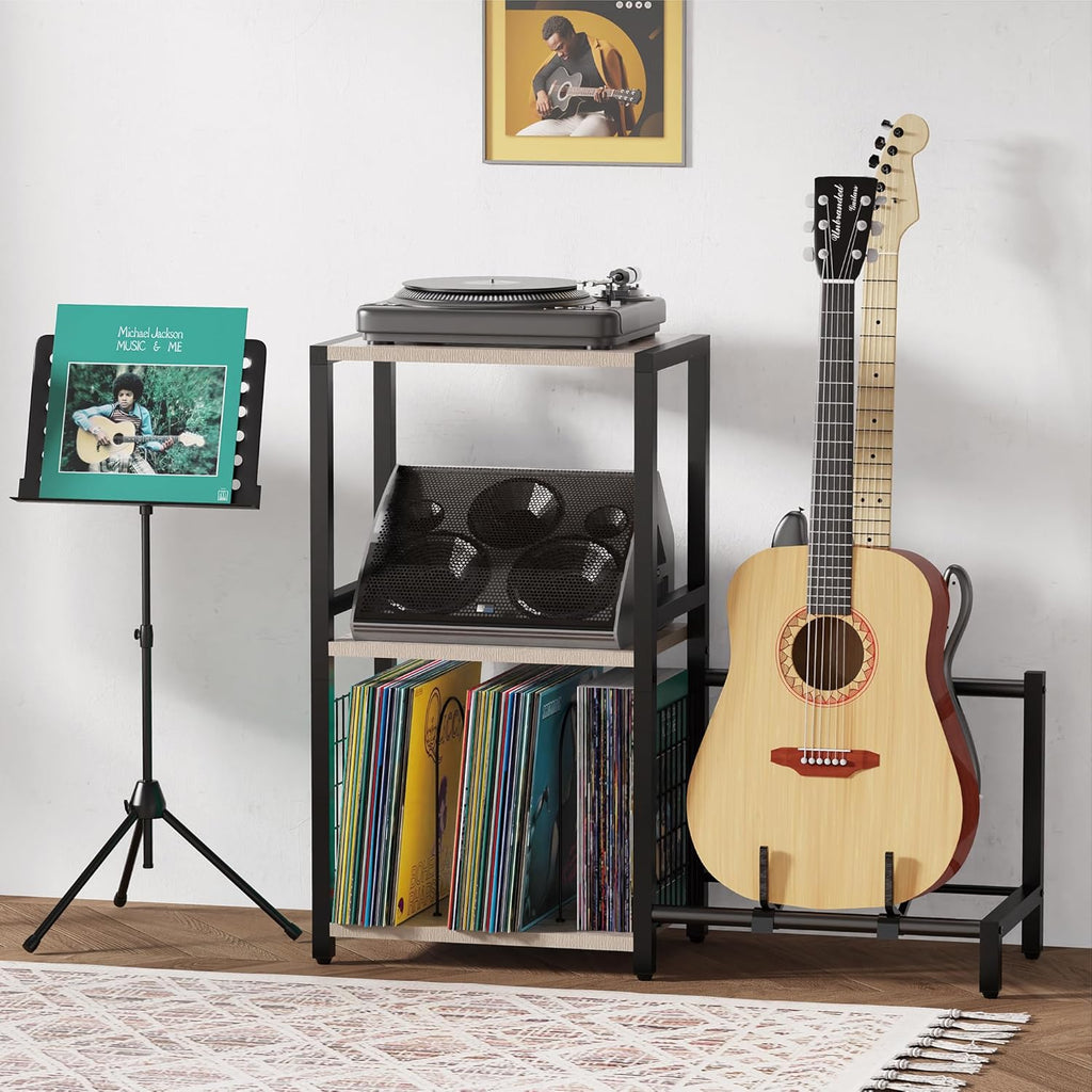 YAKANJ End Table with Guitar Stand,Record Player Stand,Vinyl Records Storage,2-Tier Guitar Stand for Acoustic,Turntable Stand for Music Studio,Grey