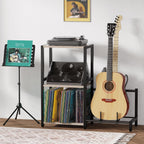 YAKANJ End Table with Guitar Stand,Record Player Stand,Vinyl Records Storage,2-Tier Guitar Stand for Acoustic,Turntable Stand for Music Studio,Grey