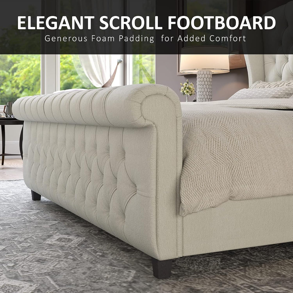 AMERLIFE Queen Size Upholstered Sleigh Bed Frame with Wingback Headboard