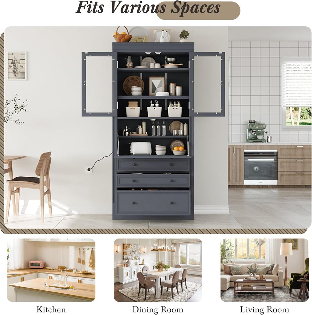 78" Tall Kitchen Pantry Cabinet, Freestanding Food Storage Pantry Cupboard with Power Outlet,3 Storage Compartments and Adjustable Shelves, Farmhouse Kitchen Hutch for Dining Room,Grey