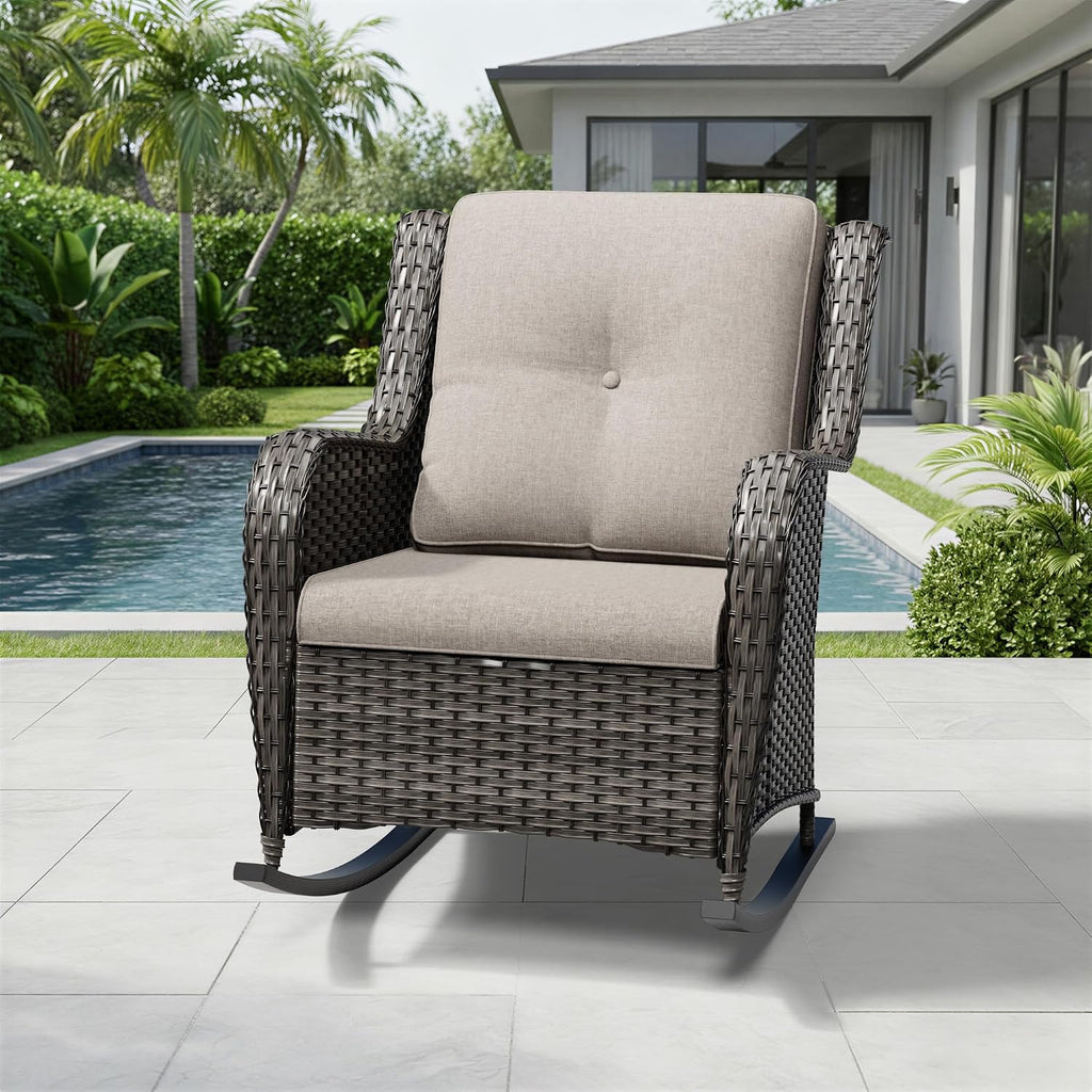 Joyside Outdoor Rocking Chair, Wicker Patio Furniture with High Back, Deep Seating, Wide Armrest, Thickened Cushions, Outdoor Rattan Furniture for Deck, Porch Use