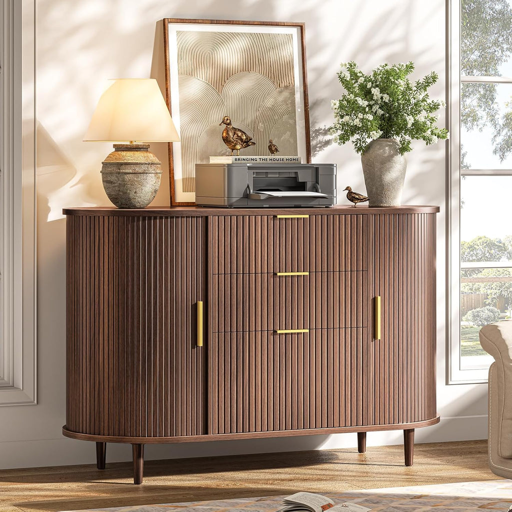 Halitaa 3-Drawer File Cabinet with 2 Sliding Doors, 39.37" Lateral Wood Filing Cabinet for Home Office and School, Printer Stand with Storage for Letter/A4 Hanging Files, Walnut