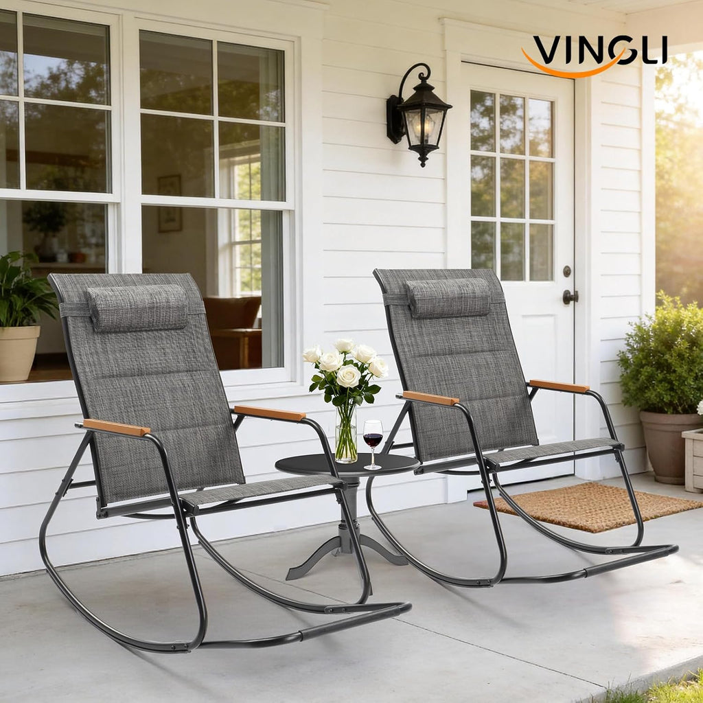 VINGLI Outdoor Rocking Chair, 450lbs Capacity Portable Outdoor Rocker with Footrest, Hard Armrests, Pillow, All Weather Porch Rocker for Garden, Living Room, Patio, Lawn (Black&Gray, with footrest)