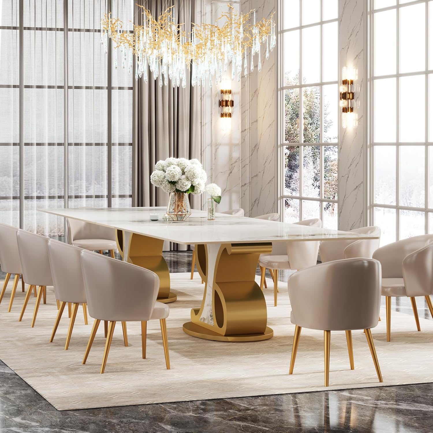 Tribesigns 78.74" Sintered Stone Dining Table for 8-10, Modern Luxury White & Gold Kitchen Table with Natural Tan Veining Tabletop & Stainless Steel Pedestal (Only Table)