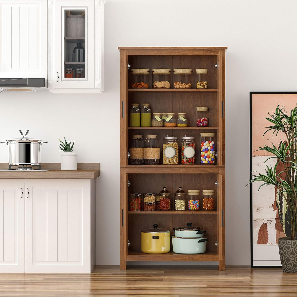 64in Tall Freestanding 4-Door Kitchen Storage Pantry Cabinet with 5-Tier Interior Shelves 3 Adjustable 88lb Maximum Capacity Oak Finish