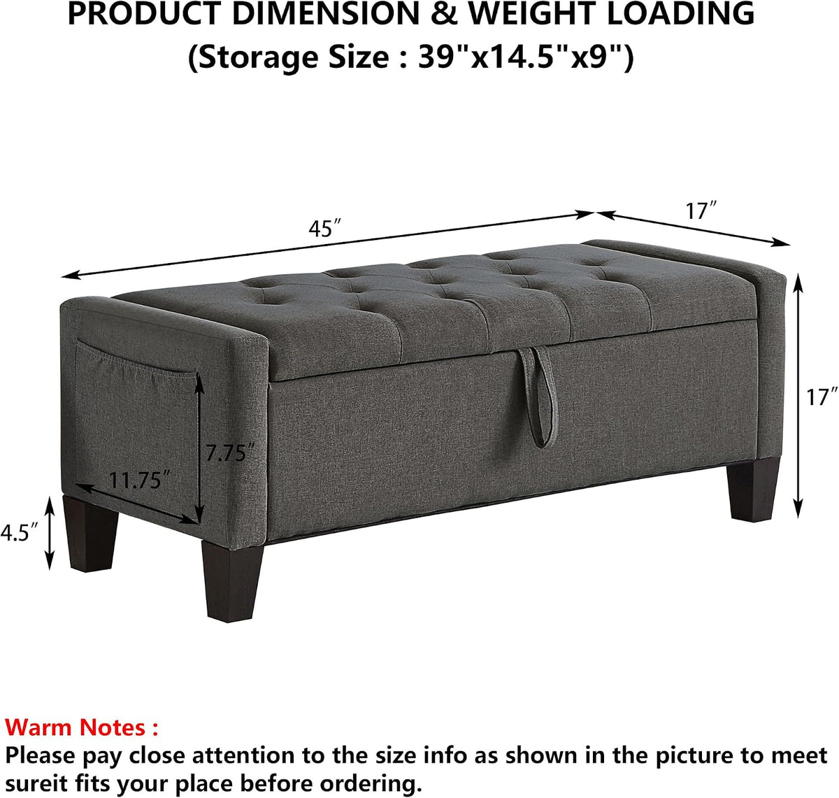 Aoowow Linen Bedroom Ottoman Bench with Storage,Tufted Bed End Storage Benches,45" Mid Century Modern Bench with Seating and Storage for Entryway,Living Room,Window,Bedside (Dark Grey, 45")
