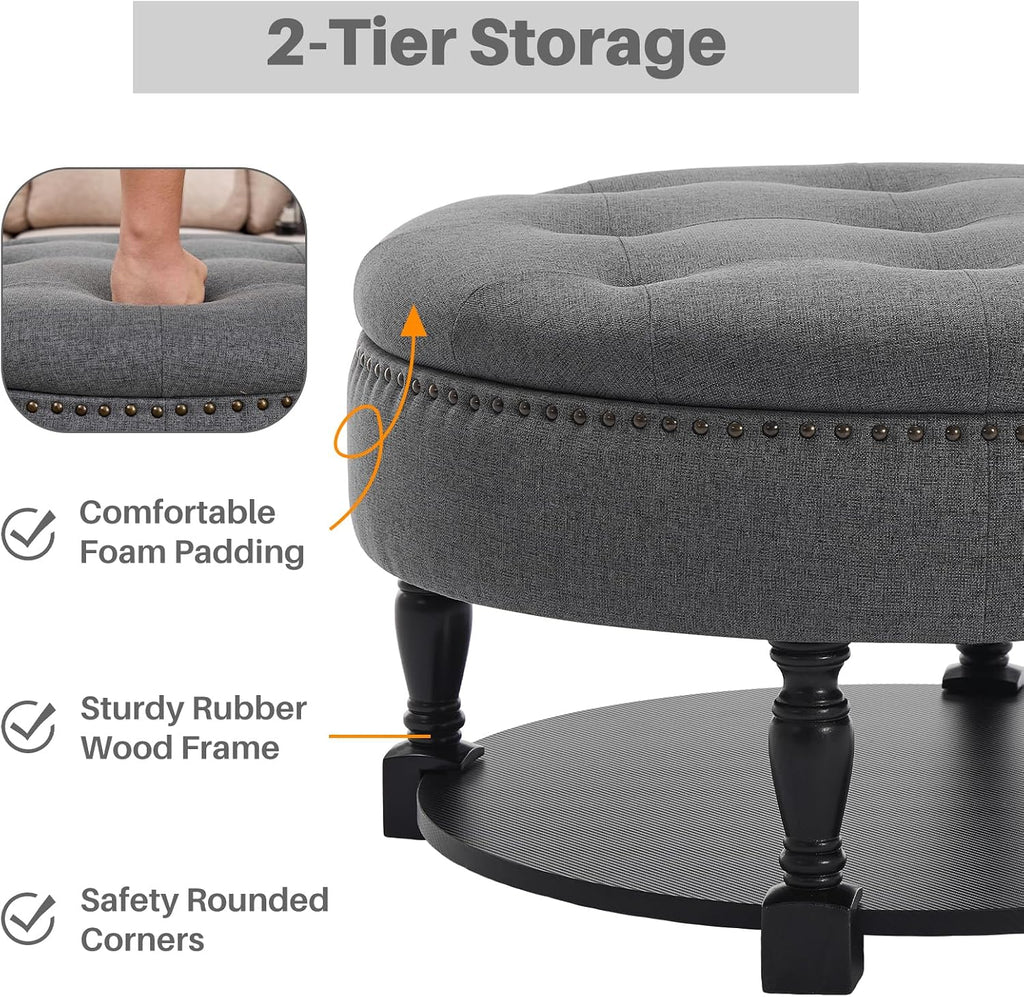 Round Storage Ottoman Coffee Table with Shelf, Fabric Dark Gray | Multi-functional gray tufted fabric ottoman coffee table with hidden storage, bottom shelf & classic nailhead trim