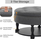 Round Storage Ottoman Coffee Table with Shelf, Fabric Dark Gray | Multi-functional gray tufted fabric ottoman coffee table with hidden storage, bottom shelf & classic nailhead trim