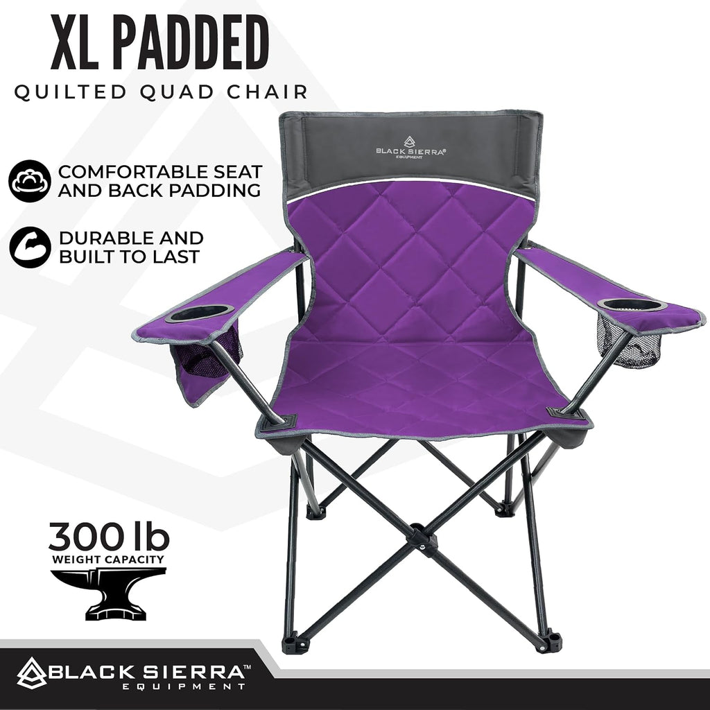 Black Sierra Quilted Padded Camping Chair, Oversized Heavy Duty Outdoor Lounge Seat Supports 300 lbs, Portable, Folding with Cup Holder for Beach, Tailgating, Sports, Patio