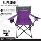 Black Sierra Quilted Padded Camping Chair, Oversized Heavy Duty Outdoor Lounge Seat Supports 300 lbs, Portable, Folding with Cup Holder for Beach, Tailgating, Sports, Patio