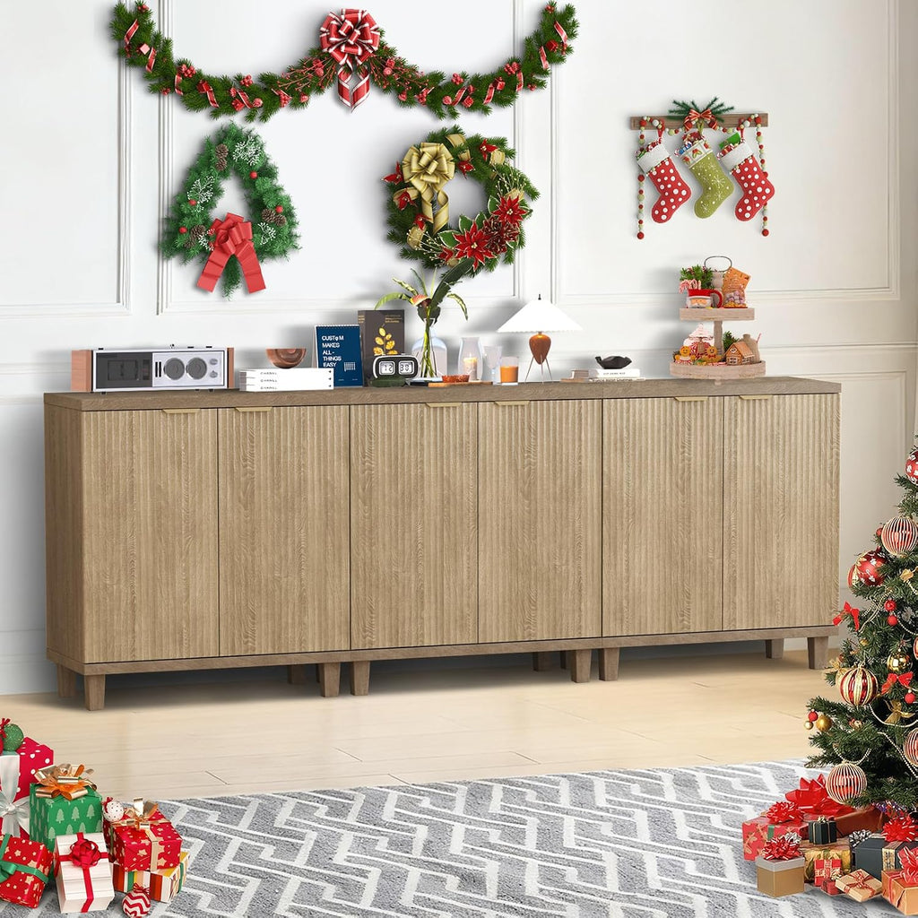 Fluted Buffet Cabinet with Storage, 3 in1 Storage Cabinet with Adjustable Shelves & Outlets, Wood Mid Century Modern Sideboard for Kitchen, Coffee Bar, Living Room