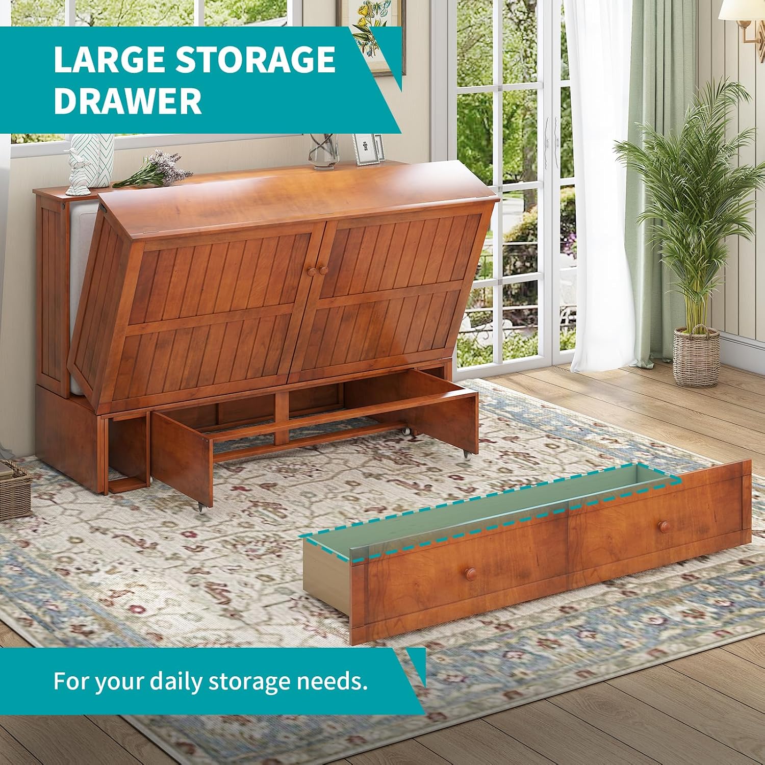 BALUS Murphy Bed, Queen Cabinet Bed with 2 Spacious Storage Drawers-Cherry | USB Charing Station, Spacious Drawer, Space Saving, Queen Bed Frame