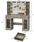 Grey Vanity Desk with Mirror and Lights, Glass Top Vanity with Lighted Mirror & RGB Glass Cabinet and 3 Drawers, Farmhouse Makeup Vanity Desk with Lights Dressing Table for Bedroom, 3 Color Modes