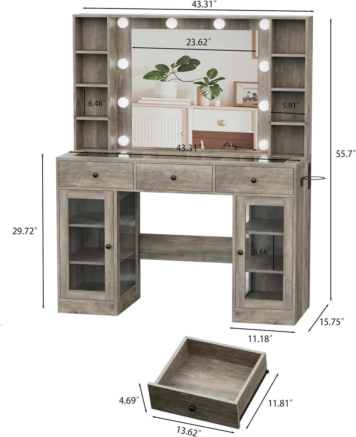 Grey Vanity Desk with Mirror and Lights, Glass Top Vanity with Lighted Mirror & RGB Glass Cabinet and 3 Drawers, Farmhouse Makeup Vanity Desk with Lights Dressing Table for Bedroom, 3 Color Modes