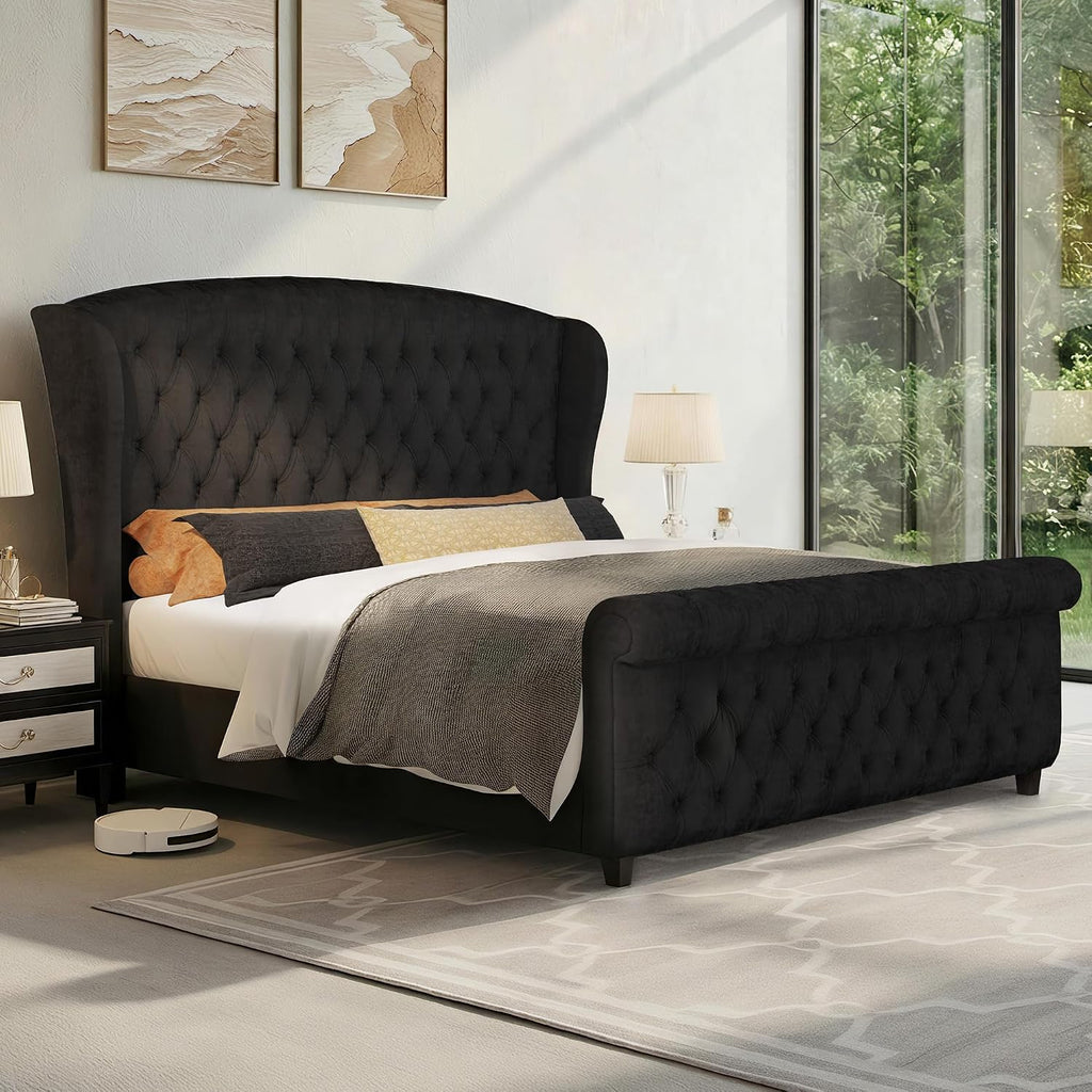 LUXOAK King Size Upholstered Sleigh Bed Frame with Tufted Headboard