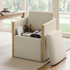 Watson & Whitely Upholstered Dining Chair with Casters, Modern Dining Room Chair with Hidden Seat Storage & Wood Arms, Rolling Dining Chair Chenille Armchair for Kitchen, Living Room, Linen