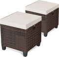 mayjooy 2-Piece Rattan Patio Ottoman, All Weather Wicker Ottoman w/Removable Cushion & Steel Frame, Outdoor Footstool Footrest Furniture (Brown) , 16”x16”x18