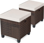mayjooy 2-Piece Rattan Patio Ottoman, All Weather Wicker Ottoman w/Removable Cushion & Steel Frame, Outdoor Footstool Footrest Furniture (Brown) , 16”x16”x18