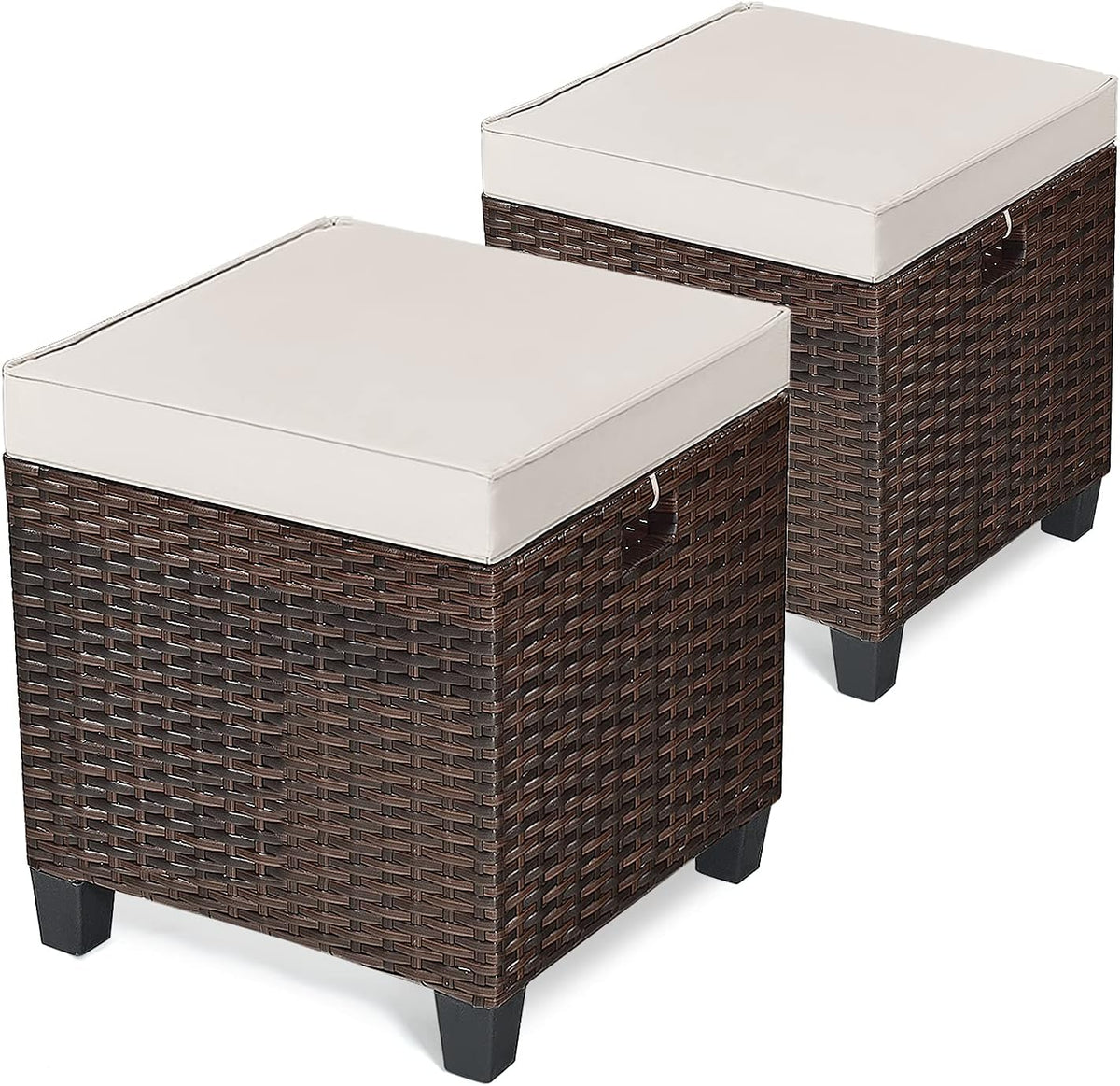 mayjooy 2-Piece Rattan Patio Ottoman, All Weather Wicker Ottoman w/Removable Cushion & Steel Frame, Outdoor Footstool Footrest Furniture (Brown) , 16”x16”x18