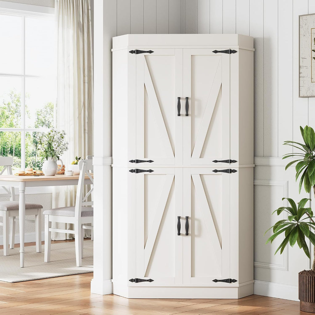 Corner Cabinet,71'' Kitchen Pantry Storage Cabinet with 4 Doors and Shelves, Tall Food Pantry Storage Cabinet Farmhouse Furniture for Kitchen Dining Room, White