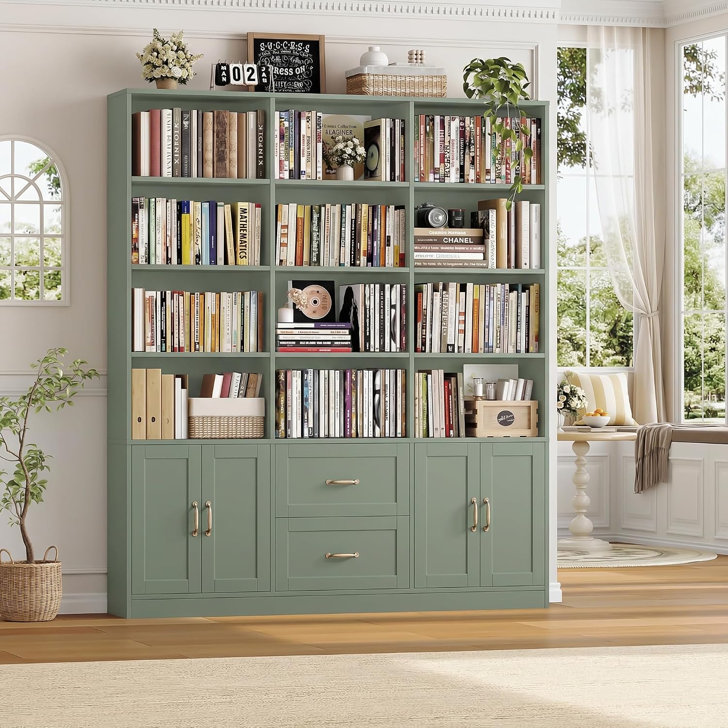 HOSTACK 71" Tall Triple Wide Bookshelf with Storage Drawers & Doors, Green