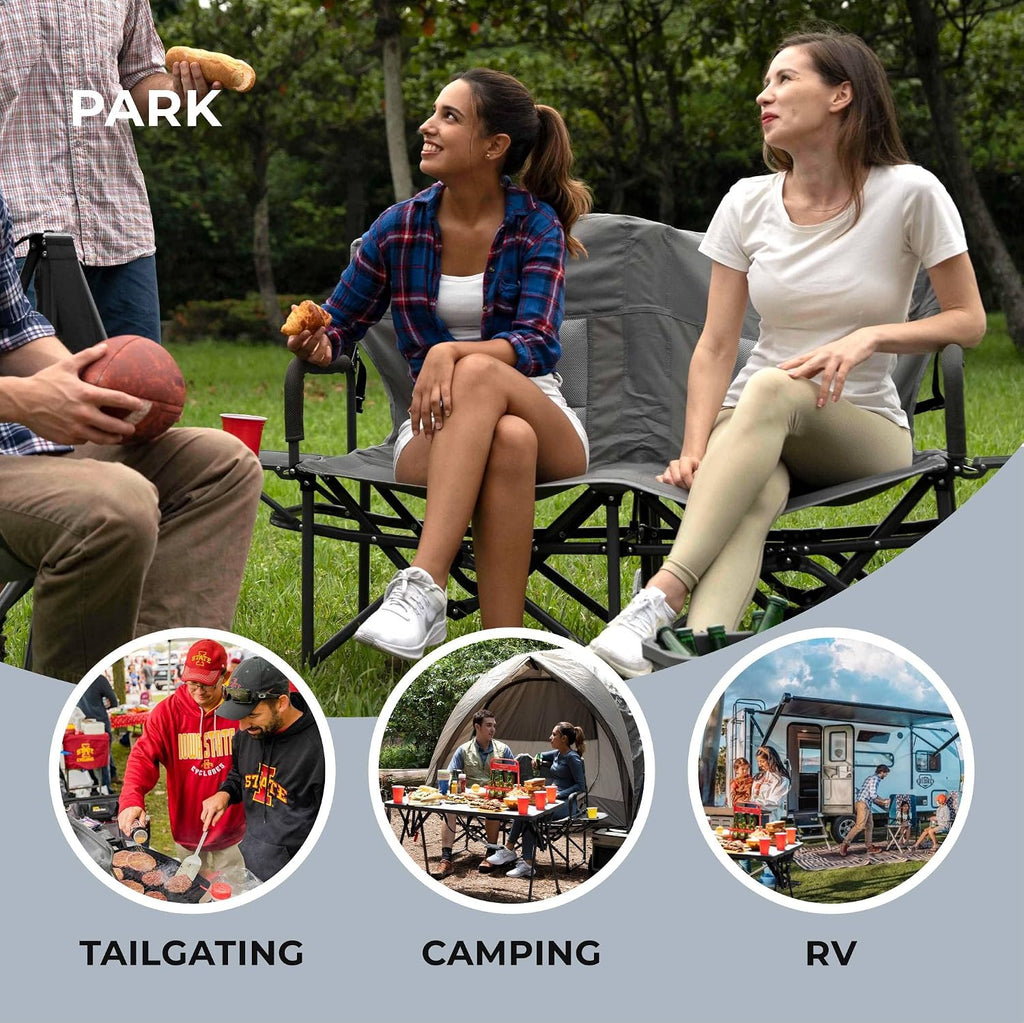 Camphor Designs Oversized Double Portable Folding Director’s Loveseat Chair with Padded Backrest, Side Table | Outdoor Sports, Beach, Lawn, Hunting, Tailgating, Fishing| Supports 300 Lbs/Seat