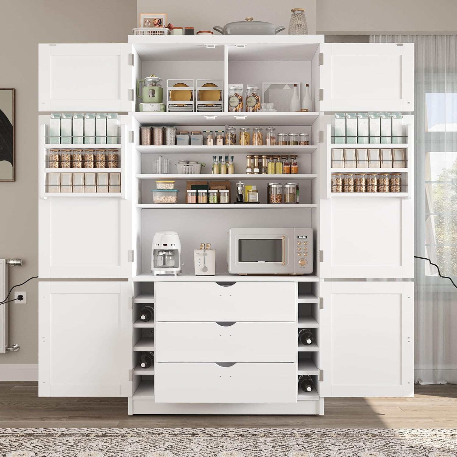JIJIWANG 80.1'' Modern Kitchen Pantry Storage Cabinet with Adjustable Shelves and Storage Cabinet,Versatile Cupboard with Door Shelves and Drawers,for Kitchen,Dining Room,White