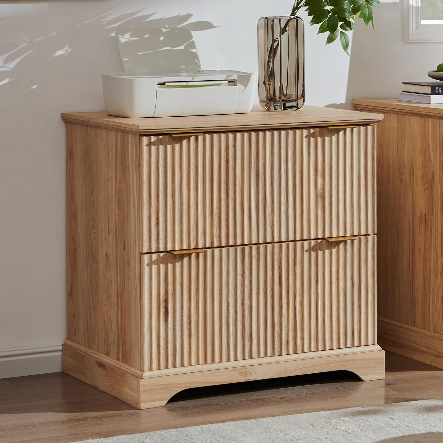 30"File Cabinet W/Charging Station, w/Files Hanging Rod for Letter/Legal/A4 | 2 Drawer File Cabinet, Large Tabletop for Printer, Office Wood Printer Cabinets, Oak