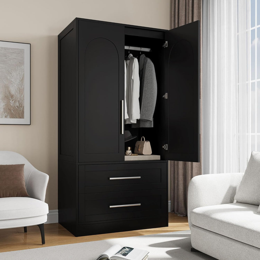 Einhomn Wooden Armoire Wardrobe Closet with 2 Doors and 2 Drawers,Freestanding Armoire Storage Cabinet with Shelves,Tall Clothing Storage Cabinet Suitable for Bedroom,Black
