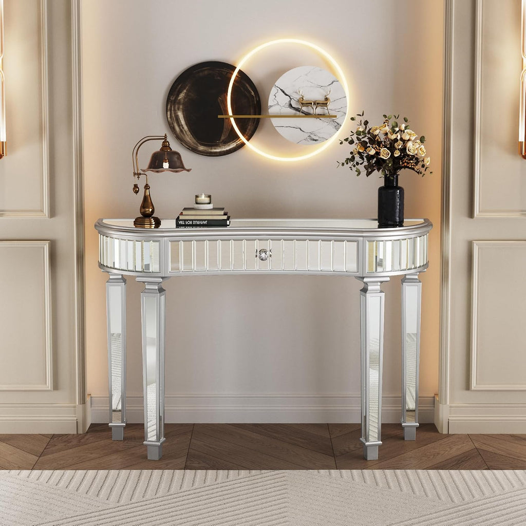 SSLine Mirrored Console Table Makeup Dressing Table,Modern Sofa Side Table Mirrored Desk Media Console Vanity Desk with One Drawer for Home Office Entryway Hallway